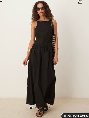 ASOS Design Poplin Dropped Waist Racer Maxi Dress in Black Size 2